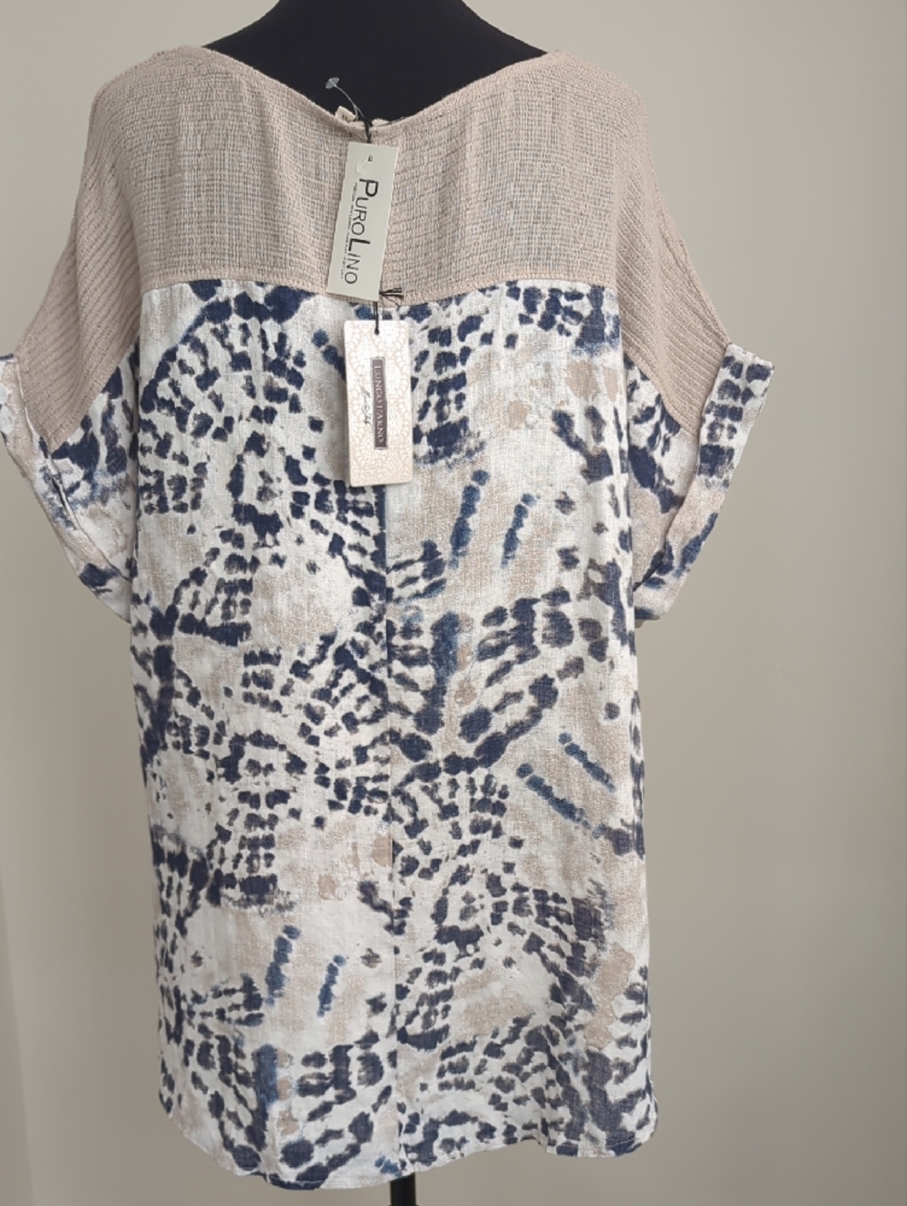 NWT Lungo L'Arno 100% Linen Tie-Dye Navy & Natural Mixed-Media Tunic - Picture 9 of 11